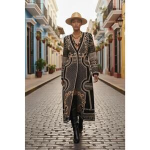 Elegant Black and Gold Patterned Long Coat